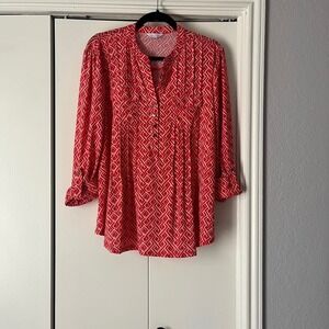 Coral Bay Tunic Top‎ Blouse Geometric Print Long Sleeve Casual Red L